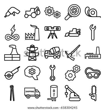 Industry icons set. set of 25 industry outline icons such as factory, gear, wrench, drill, concrete mixer, excavator, crane, pliers, welding glasses, electric saw, tape