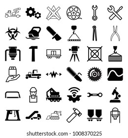 Industry icons. set of 36 editable filled and outline industry icons such as hook with cargo, gear connection, electricity, cargo crane, gear, hummer, hazzard, tank