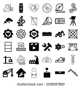 Industry icons. set of 36 editable filled and outline industry icons such as barn, factory, drill, hummer and wrench, hook with cargo, heart in gear, movie clapper, battery