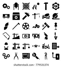 Industry icons. set of 36 editable filled industry icons such as tank, construction crane, mannequin, gear, hummer, concrete mixer, excavator, truck with hook, hacksaw, pliers