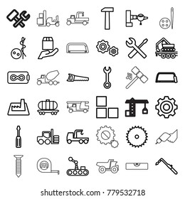 Industry icons. set of 36 editable outline industry icons such as forklift, jetway, brick wall, needle button, blade saw, wrench, screwdriver, truck with hook, hacksaw