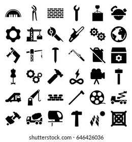 Industry icons set. set of 36 industry filled icons such as truck crane, barn, construction crane, no dry cleaning, mannequin, gear, nail, hummer, concrete mixer, saw blade