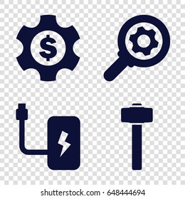 Industry icons set. set of 4 industry filled icons such as garden hammer, battery, dollar gear