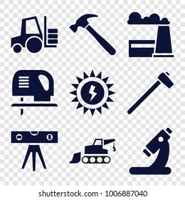 Industry icons. set of 9 editable filled industry icons such as microscope, sun battery, forklift, factory, hummer, excavator, electric saw, level ruler