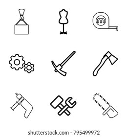 Industry icons. set of 9 editable outline industry icons such as mannequin, axe, gear, hammer, hook with cargo, nail gun, tape, chainsaw