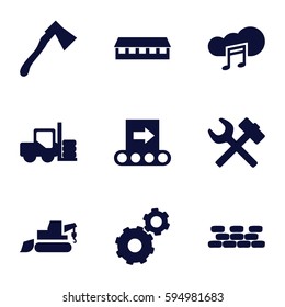 industry icons set. Set of 9 industry filled icons such as forklift, barn, gear, excavator, axe, music cloud, conveyor, brick wall