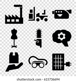 Industry icons set. set of 9 industry filled icons such as mannequin, welding glasses, forklift, chainsaw, cargo protection, camera, solar panel, factory