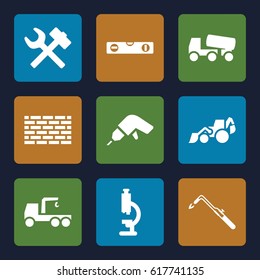 Industry icons set. set of 9 industry filled icons such as drill, level ruler, excavator, truck with hook, concrete mixer, blowtorch, microscope, wrench hummer
