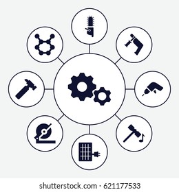 Industry icons set. set of 9 industry filled icons such as hammer, hummer, drill, circular saw, nail gun, chainsaw, solar panel, gear