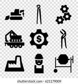 Industry icons set. set of 9 industry filled icons such as worker, concrete mixer, excavator, pliers, cargo crane, factory, dollar gear