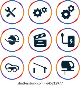 Industry icons set. set of 9 industry filled icons such as barrier, gear, welding glasses, electric saw, wrench and screwdriver, movie clapper