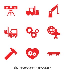 Industry icons set. set of 9 industry filled icons such as forklift, hummer, level ruler, globe and plane, cargo wagon, cargo crane, gear heart