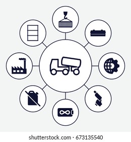 Industry icons set. set of 9 industry filled and outline icons such as barn, nail gun, cargo on hook, factory, no oil, clobe gear, endless battery, concrete mixer