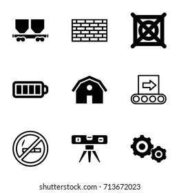 Industry icons set. set of 9 industry filled and outline icons such as barn, no dry cleaning, level ruler, cargo wagon, baterry, gear    sign symb, conveyor, brick wall
