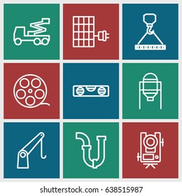 Industry icons set. set of 9 industry outline icons such as tank, level equipment, level ruler, pipe, crane, hook with cargo, cargo crane, solar panel