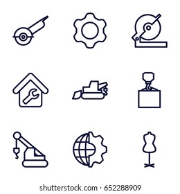 Industry icons set. set of 9 industry outline icons such as mannequin, circular saw, excavator, crane, hook with cargo, electric saw, home repair, gear