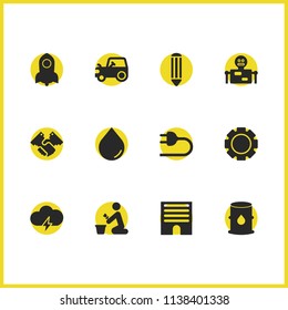 Industry icons set with art, thunder and gear elements. Set of industry icons and petrol barrel concept. Editable vector elements for logo app UI design.