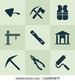 Industry icons set with ax with pickax, cushion builder, library and other water ruler elements. Isolated vector illustration industry icons.