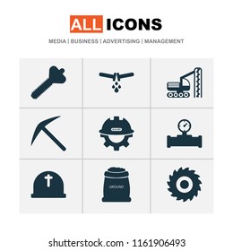 Industry icons set with bolt, drilling machine, pipe with sensor and other rig vehicle elements. Isolated vector illustration industry icons.