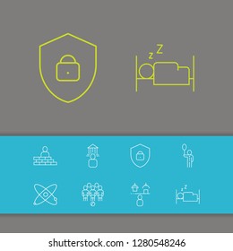 Industry icons set with brickwork, game and sleep elements. Set of industry icons and entertainment concept. Editable vector elements for logo app UI design.