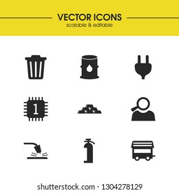 Industry icons set with caravan, cable and metal elements. Set of industry icons and welding concept. Editable vector elements for logo app UI design.
