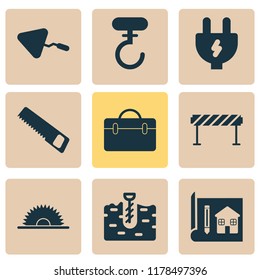 Industry icons set with case, barrage, hook and other blueprint elements. Isolated vector illustration industry icons.