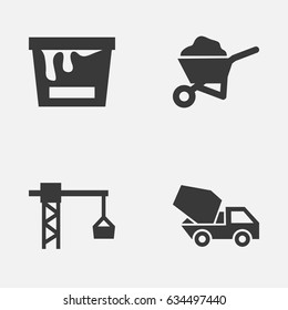 Industry Icons Set. Collection Of Cement Vehicle, Carry Cart, Paint Bucket And Other Elements. Also Includes Symbols Such As Crane, Wheelbarrow, Vehicle.