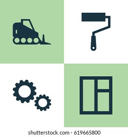 Industry Icons Set. Collection Of Cogwheel, Paint Roller, Tractor And Other Elements. Also Includes Symbols Such As Window, Vehicle, Cogwheel.