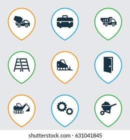 Industry Icons Set. Collection Of Cogwheel, Equipment, Tractor And Other Elements. Also Includes Symbols Such As Exit, Cogwheel, Cement.