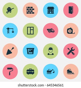 Industry Icons Set. Collection Of Digger, Paint Roller, Home And Other Elements. Also Includes Symbols Such As Brickwork, House, Wheelbarrow.