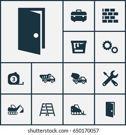 Industry Icons Set. Collection Of Digger, Equipment, Cement Vehicle And Other Elements. Also Includes Symbols Such As Cogwheel, Toolbox, Tape.
