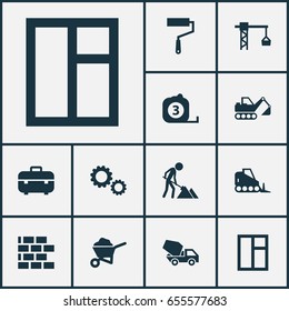 Industry Icons Set. Collection Of Digger, Glass Frame, Wall And Other Elements. Also Includes Symbols Such As Paint, Glass, Wall.