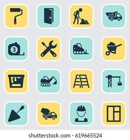 Industry Icons Set. Collection Of Engineer, Measure Tool, Entrance And Other Elements. Also Includes Symbols Such As Truck, Cement, Rule.