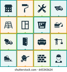 Industry Icons Set. Collection Of Equipment, Digger, Engineer And Other Elements. Also Includes Symbols Such As Entrance, Wall, House.