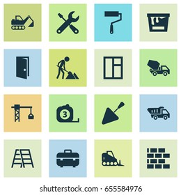 Industry Icons Set. Collection Of Equipment, Paint Bucket, Cement Vehicle And Other Elements. Also Includes Symbols Such As Vehicle, Maintenance, Mixer.