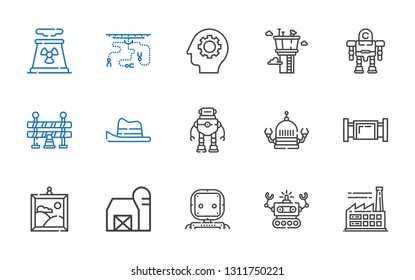 industry icons set. Collection of industry with factory, robot, barn, painting, pipe, hat, traffic barrier, control tower, gear, industrial robot. Editable and scalable industry icons.