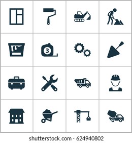 Industry Icons Set. Collection Of Home, Cogwheel, Maintenance And Other Elements. Also Includes Symbols Such As Mechanism, Barrow, Bricklayer.