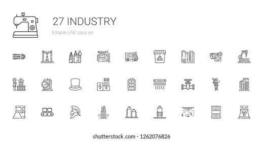 industry icons set. Collection of industry with industrial robot, silo, building, helmet, conveyor, fuel, pipe, air conditioner, battery. Editable and scalable industry icons.