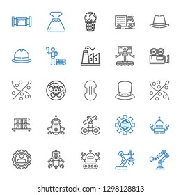 industry icons set. Collection of industry with industrial robot, robot, settings, stock, sewing, hat, compress, film, video camera, factory. Editable and scalable industry icons.