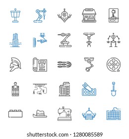 industry icons set. Collection of industry with keyboard, robot, sewing machine, hat, bricks, shovel, saw, building, industrial robot, barrel. Editable and scalable industry icons.