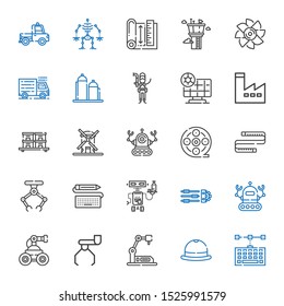 industry icons set. Collection of industry with keyboard, hat, industrial robot, robot, settings, measuring tape, film reel, windmill, stock. Editable and scalable industry icons.