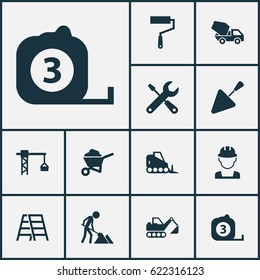 Industry Icons Set. Collection Of Lifting Hook, Spatula, Stair And Other Elements. Also Includes Symbols Such As Bulldozer, Tower, Hook.