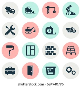 Industry Icons Set. Collection Of Measure Tool, Paint Roller, Truck And Other Elements. Also Includes Symbols Such As Construction, Gear, Repair.