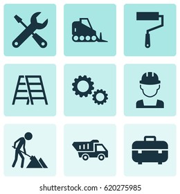Industry Icons Set. Collection Of Paint Roller, Tractor, Maintenance And Other Elements. Also Includes Symbols Such As Tractor, Stepladder, Paint.