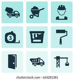 Industry Icons Set. Collection Of Paint Bucket, Entrance, Cement Vehicle And Other Elements. Also Includes Symbols Such As Tape, Rule, Crane.