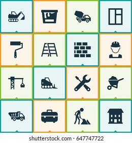 Industry Icons Set. Collection Of Paint Bucket, Wall, Truck And Other Elements. Also Includes Symbols Such As Construction, Vehicle, Worker.