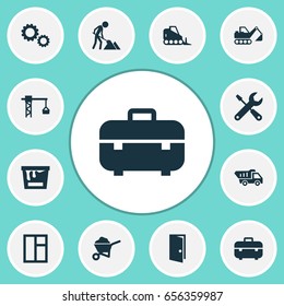 Industry Icons Set. Collection Of Paint Bucket, Glass Frame, Cogwheel And Other Elements. Also Includes Symbols Such As Toolbox, Case, Service.