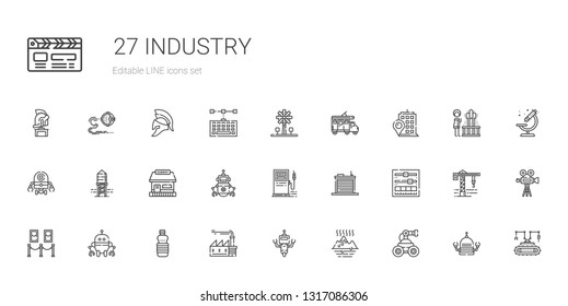 industry icons set. Collection of industry with robot, global warming, factory, oils, painting, setting, warehouse, gas station, tickets office. Editable and scalable industry icons.