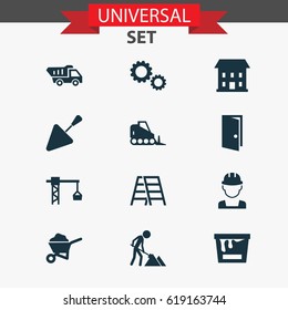 Industry Icons Set. Collection Of Spatula, Stair, Truck And Other Elements. Also Includes Symbols Such As Barrow, Hook, Can.
