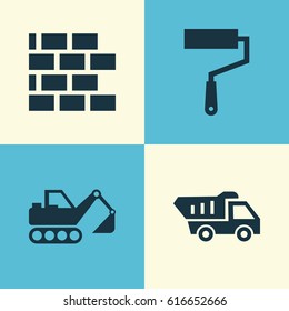 Industry Icons Set. Collection Of Truck, Paint Roller, Wall And Other Elements. Also Includes Symbols Such As Roller, Paint, Wall.